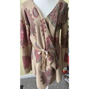 Desigual Boho Wrap Sweater Cardigan XL Beige Multicolor Floral Tie Belt Art Knit